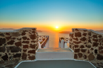 Greece santorini island in cyclades,the most famous sunset of the world above caldera view over sea