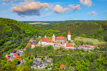 Aerial view of castle Krivoklat in Czech republic, Europe. Famous Czech medieval castle of Krivoklat, central Czech Republic. Krivoklat castle, medieval royal castle in Central Bohemia, Czechia.
