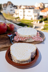 Cheese collection, French cheese from Normandy region, round camembert and heart-shaped neufchatel