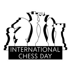 International Chess Day. Illustration in the linear style. Line art white and black on white background. Chess pieces isolated design for media, print, poster, chess class, chess club, match.