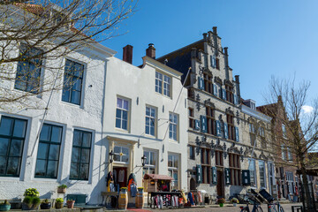 Obraz premium City view on old medieval houses in small historical town Veere in Netherlands, province Zeeland
