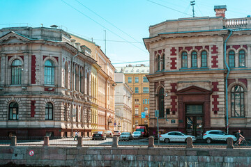 Fototapeta premium Beautiful street with historical architecture in the center of St. Petersburg in summer. Saint Petersburg, Russia - 05 June 2021