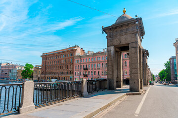 Lomonosov Bridge in St. Petersburg in summer, tourist attraction
