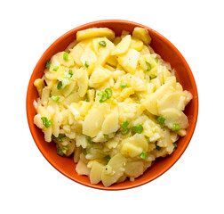 german cuisine - top view of potato salad in orange bowl cutout on white background