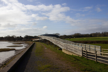 sea defences and wall and shared-use path up to a bridge over with winter trees and a blue sky with white clouds