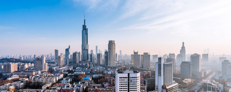 Fototapeta Dusk scenery of Zifeng Building and city skyline in Nanjing, Jiangsu, China 
