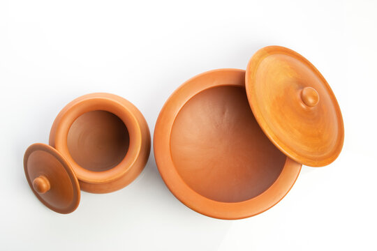 Top View of Clay Pots Isolated on White Background
