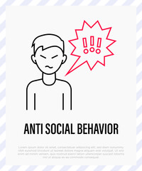 Anti social behaviour: aggressive man is bullying. Thin line icon. Disorganization. Social problem. Abusing. Vector illustration. - obrazy, fototapety, plakaty