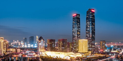 Night view of twin towers and city skyline in Kunming, Yunnan, China