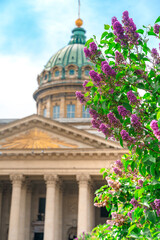 Beautiful panorama of the Kazan Cathedral in St. Petersburg in the summer, postcard tourist view