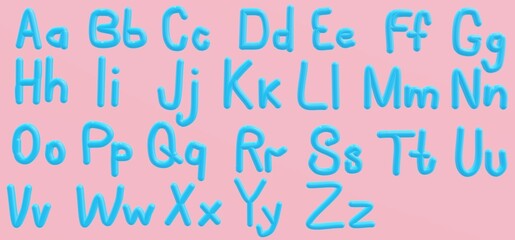 Alphabet, abc. 3d render blue bubble plastic on pink background, letters 