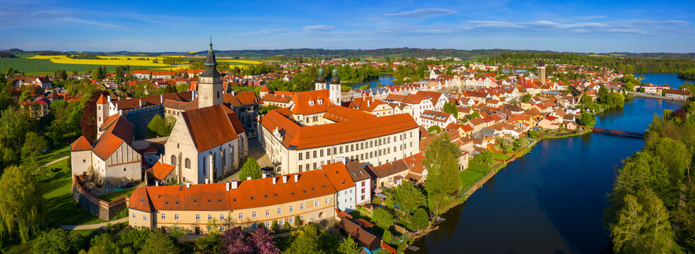 Aerial landscape of small Czech town of Telc with famous Main Square (UNESCO World Heritage Site). Aerial panorama of old town Telc, Southern Moravia, Czechia. Historic centre of Telc, Czech Republic.