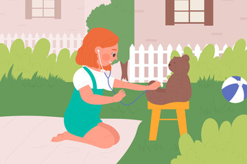 Doctor kid with sick patient teddy bear in summer green backyard vector illustration. Cartoon cute girl child character holding stethoscope, playing with toy outdoors, happy childhood background