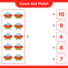 Count and match, count the number of Ufo and match with the right numbers. Educational children game, printable worksheet, vector illustration