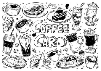 Hand drawn vector illustration food and drink menu. Doodle coffee card: americano, cappuccino, latte macchiato, frappe, mocaccino, cheesecake, croissant, desserts