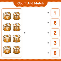 Count and match, count the number of Drum and match with the right numbers. Educational children game, printable worksheet, vector illustration