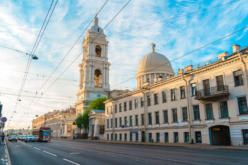Beautiful architecture of historical buildings on the street of St. Petersburg on Vasilievsky...
