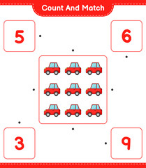 Count and match, count the number of Car and match with the right numbers. Educational children game, printable worksheet, vector illustration
