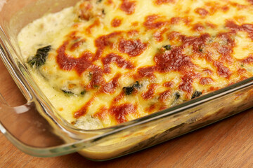 Tray of Cheesy Spinach bake from the oven.