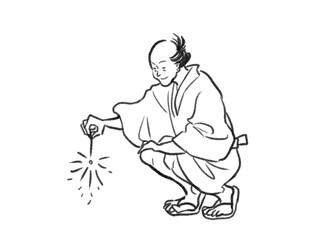 Fototapeta na wymiar 日本画タッチの線香花火を持った人物イラストJapanese painting illustration The person with　sparklers 