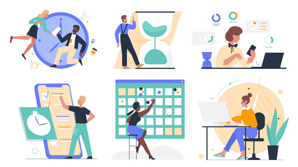 Time management concept and working business people set vector illustration. Cartoon man woman employee characters work, running to catch deadline near hourglass, planner calendar isolated on white