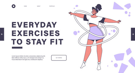 Concept for landing page, web page design. Sports, gymnastics, aerobics for women. Morning exercises, young fashionably dressed girl twists hula hoops on waist. Vector character is engaged in fitness.