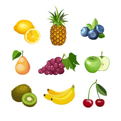 Summer healthy fruit food icon cartoon collection. Set of bright beautiful colorful different fruits. Vector illustration