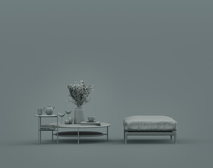 Single coffee table and middle ottoman footstool pouffe in a monochrome dim gray interior room, single gray color, 3d Rendering