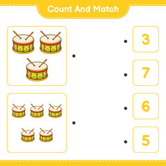 Count and match, count the number of Drum and match with the right numbers. Educational children game, printable worksheet, vector illustration