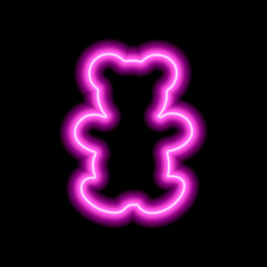 The outline of a neon pink bear on a black background. Toy