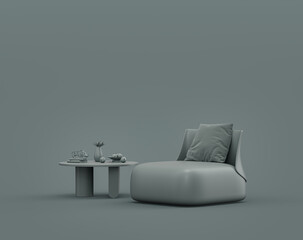 Single coffee table and armchair in a monochrome dim gray interior room, single gray color, 3d Rendering