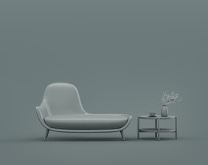 Single coffee table and armchair in a monochrome dim gray interior room, single gray color, 3d Rendering