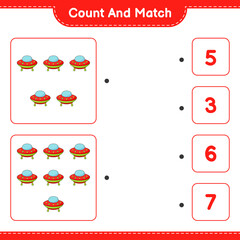 Count and match, count the number of Ufo and match with the right numbers. Educational children game, printable worksheet, vector illustration