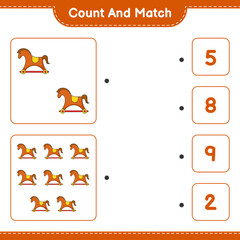 Count and match, count the number of Rocking Horse and match with the right numbers. Educational children game, printable worksheet, vector illustration