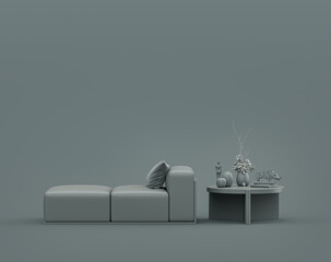 Single coffee table and therapy bed in a monochrome dim gray interior room, single gray color, 3d Rendering