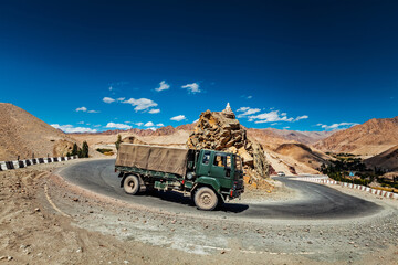 Indian army lorry on road in Himalayas