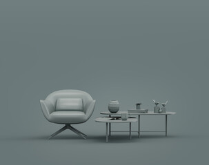 Single coffee table and gray velvet armchair in a monochrome dim gray interior room, single gray color, 3d Rendering