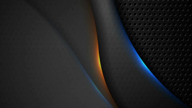 Futuristic technology abstract perforated motion background with orange blue neon glowing waves. Video animation Ultra HD 4K 3840x2160
