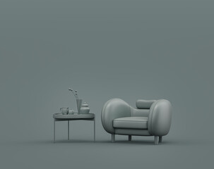 Single coffee table and gray velvet armchair in a monochrome dim gray interior room, single gray color, 3d Rendering