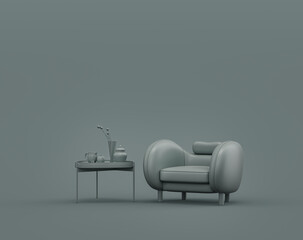 Single coffee table and gray velvet armchair in a monochrome dim gray interior room, single gray color, 3d Rendering