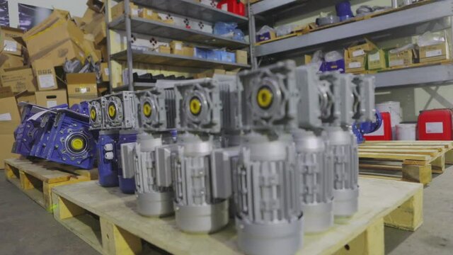Manufactured gear motors, clean warehouse with gear motors. Gearboxes in stock