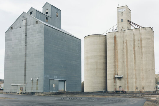 Grain silos, buildings in rural Washington
