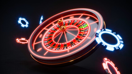 Casino background with neon roulette and chips falling 3d rendering
