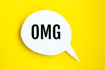 White paper speech bubble concept. Cartoon speech on bright yellow background. Speech bubble OMG