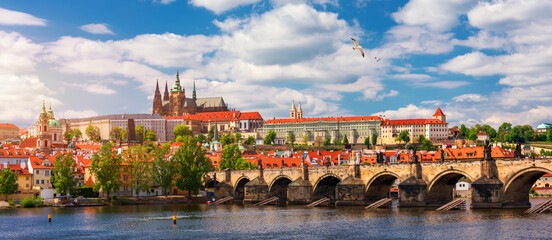 Prague scenic spring view of the Prague Old Town pier architecture Charles Bridge over Vltava river...