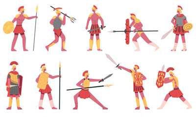 Fototapeta na wymiar Roman soldiers. Ancient roman army warriors, rome legionnaires, greek soldiers cartoon vector illustration set. Martial roman characters