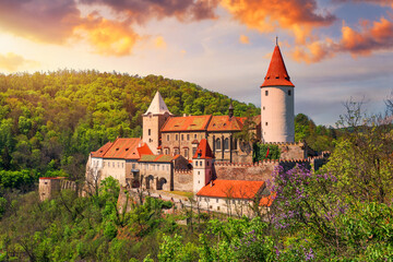 Aerial view of castle Krivoklat in Czech republic, Europe. Famous Czech medieval castle of Krivoklat, central Czech Republic. Krivoklat castle, medieval royal castle in Central Bohemia, Czechia.