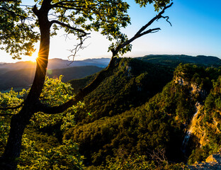 Spring sunrise in Salt De Coromina waterfall, La Garrotxa, Spain