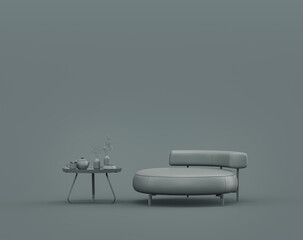 Single coffee table and gray velvet armchair in a monochrome dim gray interior room, single gray color, 3d Rendering