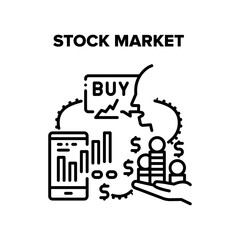 Stock Market Vector Icon Concept. Stock Market For Buying And Selling Goods, Online Trading And Monitoring Chart On Smartphone Screen. Earning Money Dollar And Coins Black Illustration